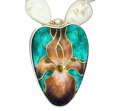 Coral And Purple Cloisonné Enamel Silver And Gold Pendant With Freshwater Pearls Coral And Purple Cloisonné Enamel Silver And Gold Pendant With Freshwater Pearls