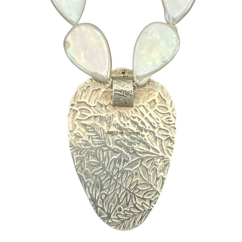 Coral And Purple Cloisonné Enamel Silver And Gold Pendant With Freshwater Pearls