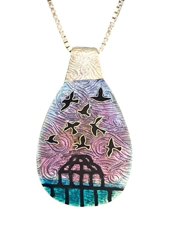 “The Greatest Show On Earth” Cloisonné Enamel Pendant With Murmuration Over Brighton Pier