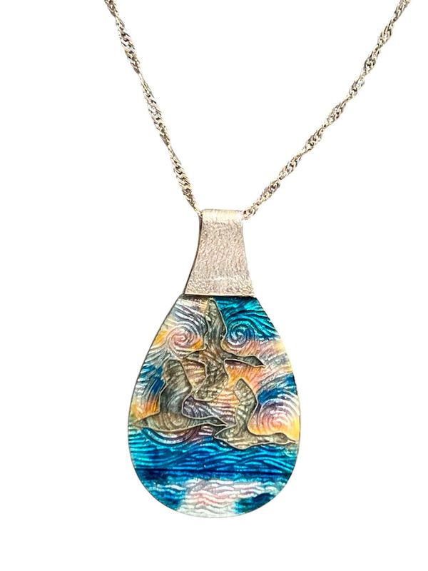 Geese Flying Home Cloisonné Enamel On Silver Pendant