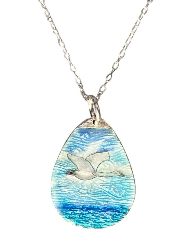 Blue Sea And Sky With Swan Cloisonné Enamel Silver Pendant