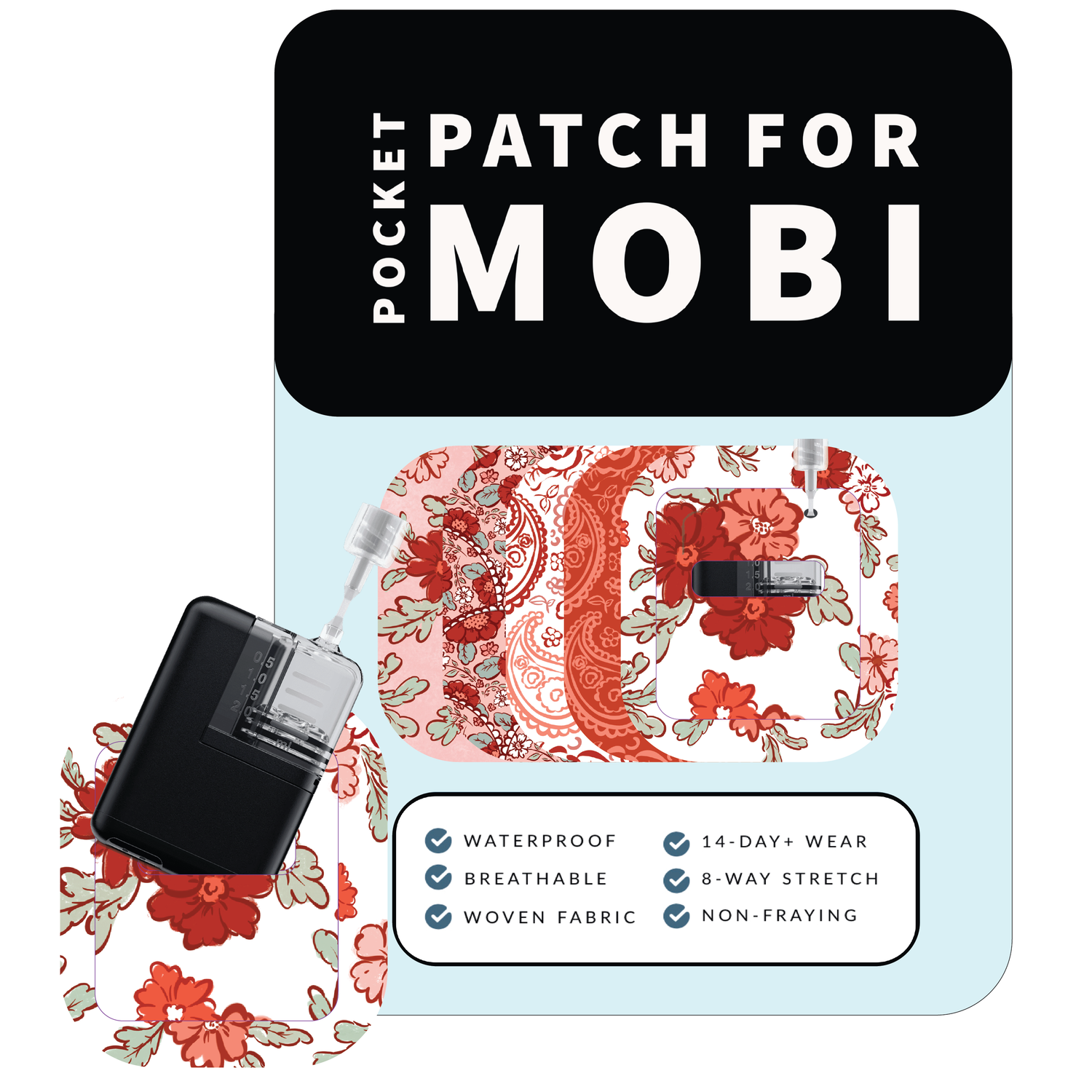 Adhesive Pocket for Mobi Insulin Pump | Red Floral 5-Pack