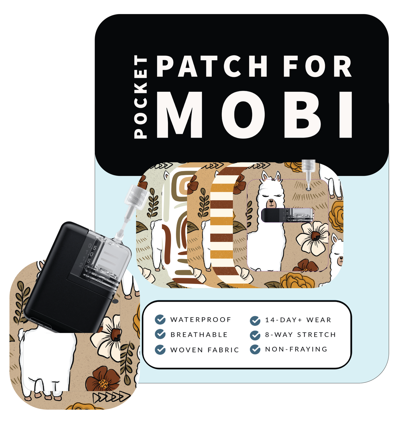 Adhesive Pocket for Mobi Insulin Pump (5-Pack) Llama