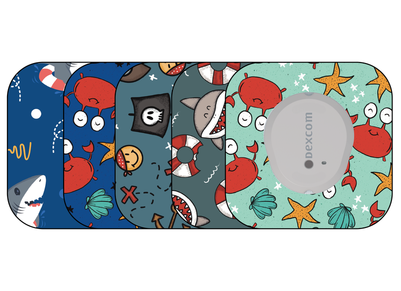 ​Glucomart Mini Dexcom G7 Adhesive Patches with Grip Bumper (5 Count) - Sea Creatures