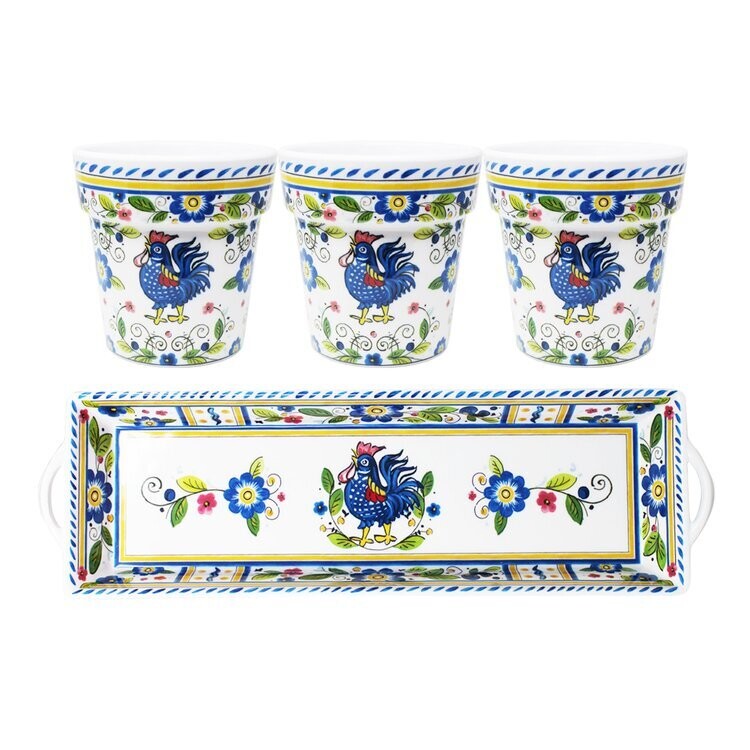 LEC Rooster Blue Herb Pots w/ Matching Tray