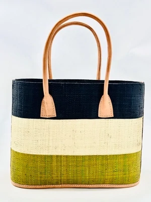 SH Santorini Olive & Black 3 Tone Straw Basket Bag Handbag