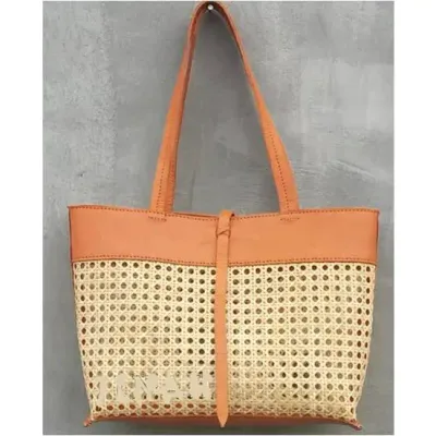 WR Cane Weave Tote Brown Leather Trim