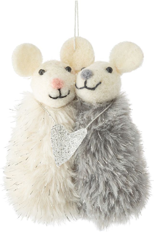 OPT White/Grey Mouse Hugging with Silver Heart Felt Ornament