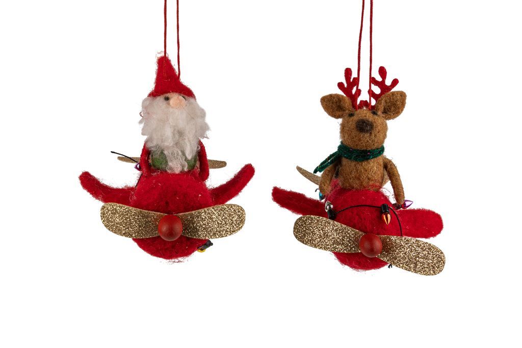 OPT Santa with Airplane and Reindeer Felt Ornament
