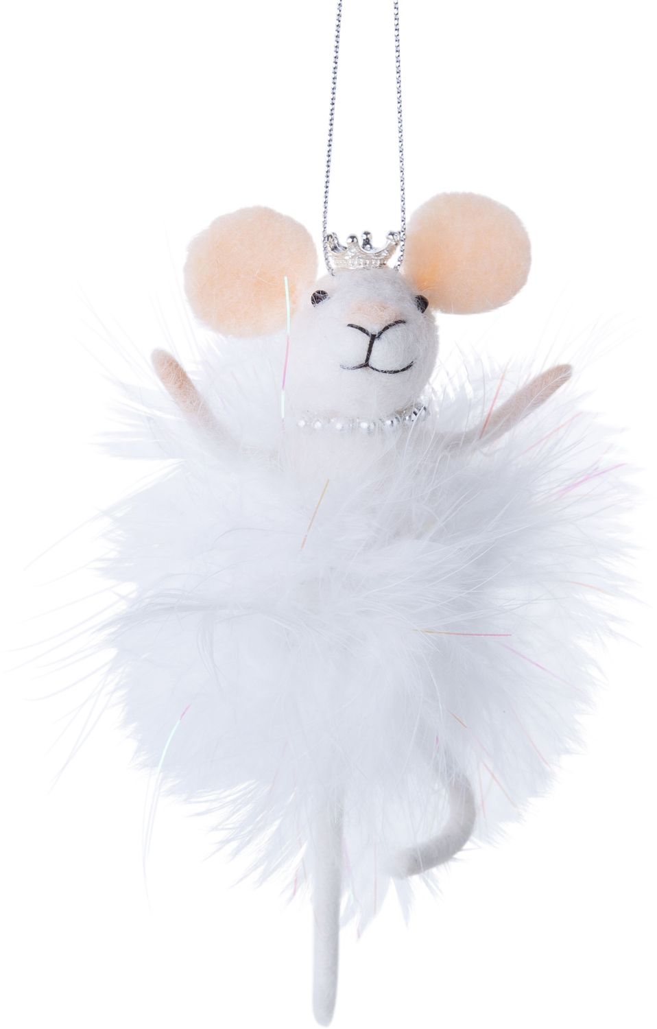 OPT White Mouse w/White Feather Silver Pearls &amp; Crown Felt Ornament