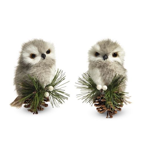 RAZ Grey Owl on Pinecone Ornament