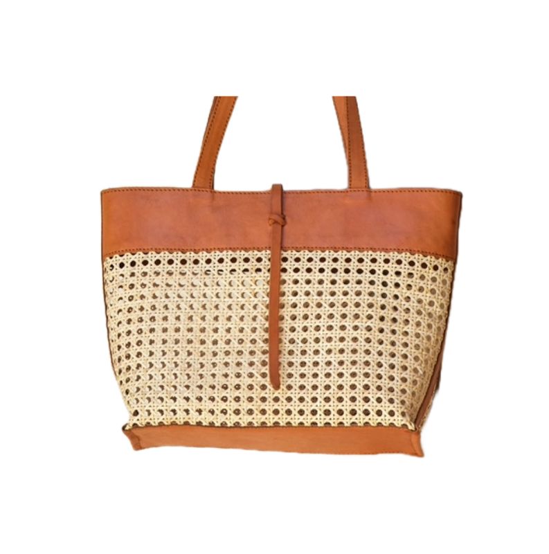 WR Cane Weave Tote Brown Leather Trim