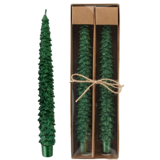 ON Glistening Green Tree Taper Candle S/2