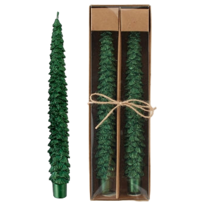 ON Glistening Green Tree Taper Candle S/2