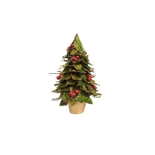 DG Green/Red Potted Pointed Leaf Cone 7&quot; Tree w/Berries