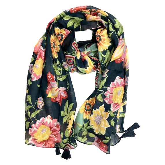 DOL Black Multi Hand Printed Cotton Stole with Tassels