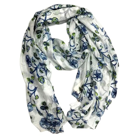DOL Blue/White Hand Printed Cotton Stole with Tassels