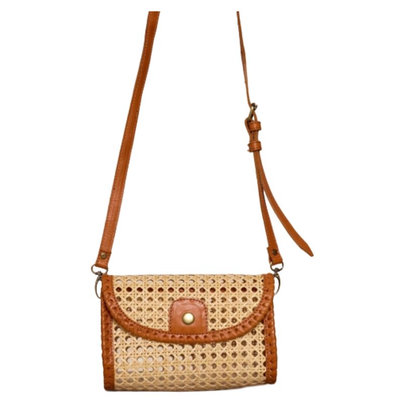 WR Brown Rattan Clutch with Leather Trim and Crossbody Strap