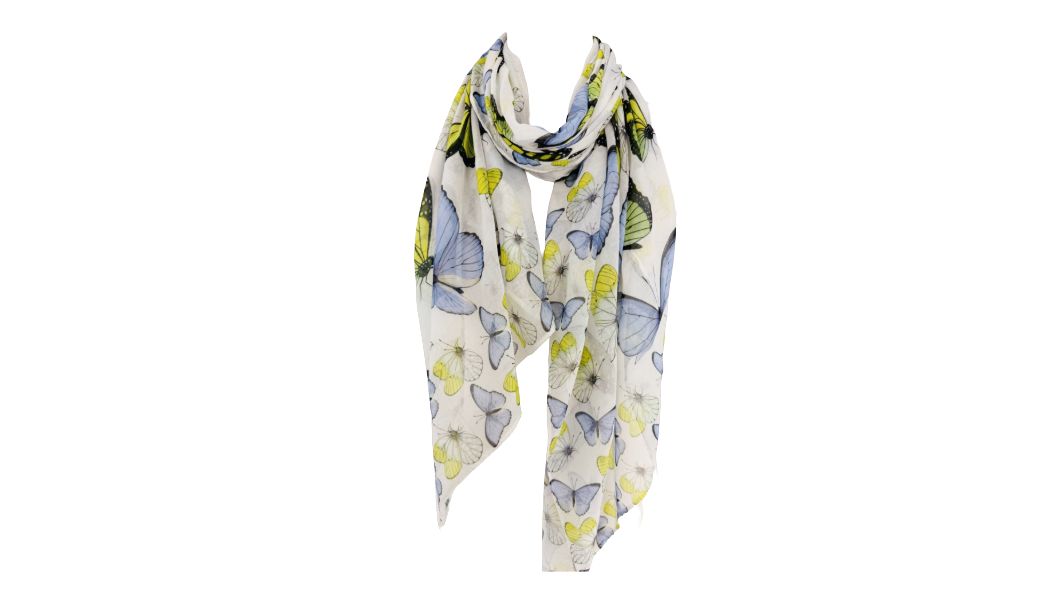 JC Super Soft Olive-Blue Border-Detailed Butterfly Scarf