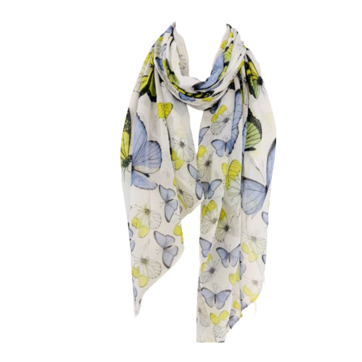 JC Super Soft Olive-Blue Border-Detailed Butterfly Scarf