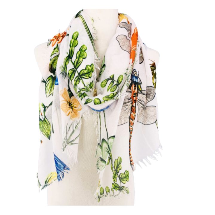 JC White-Multi Dragonfly &amp; Floral Scarf/Shawl