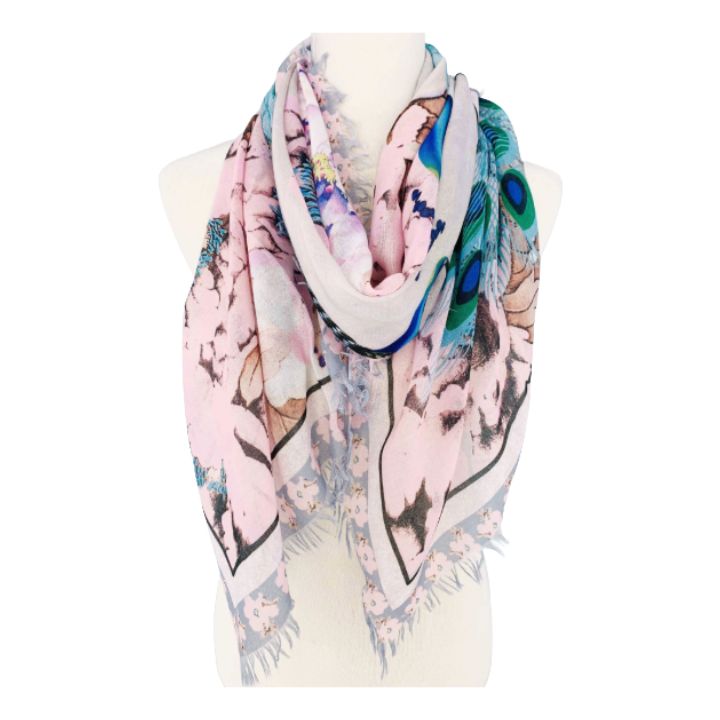 JC Pink-Teal Peacock &amp; Peoney Frayed-Edge Scarf/Shawl