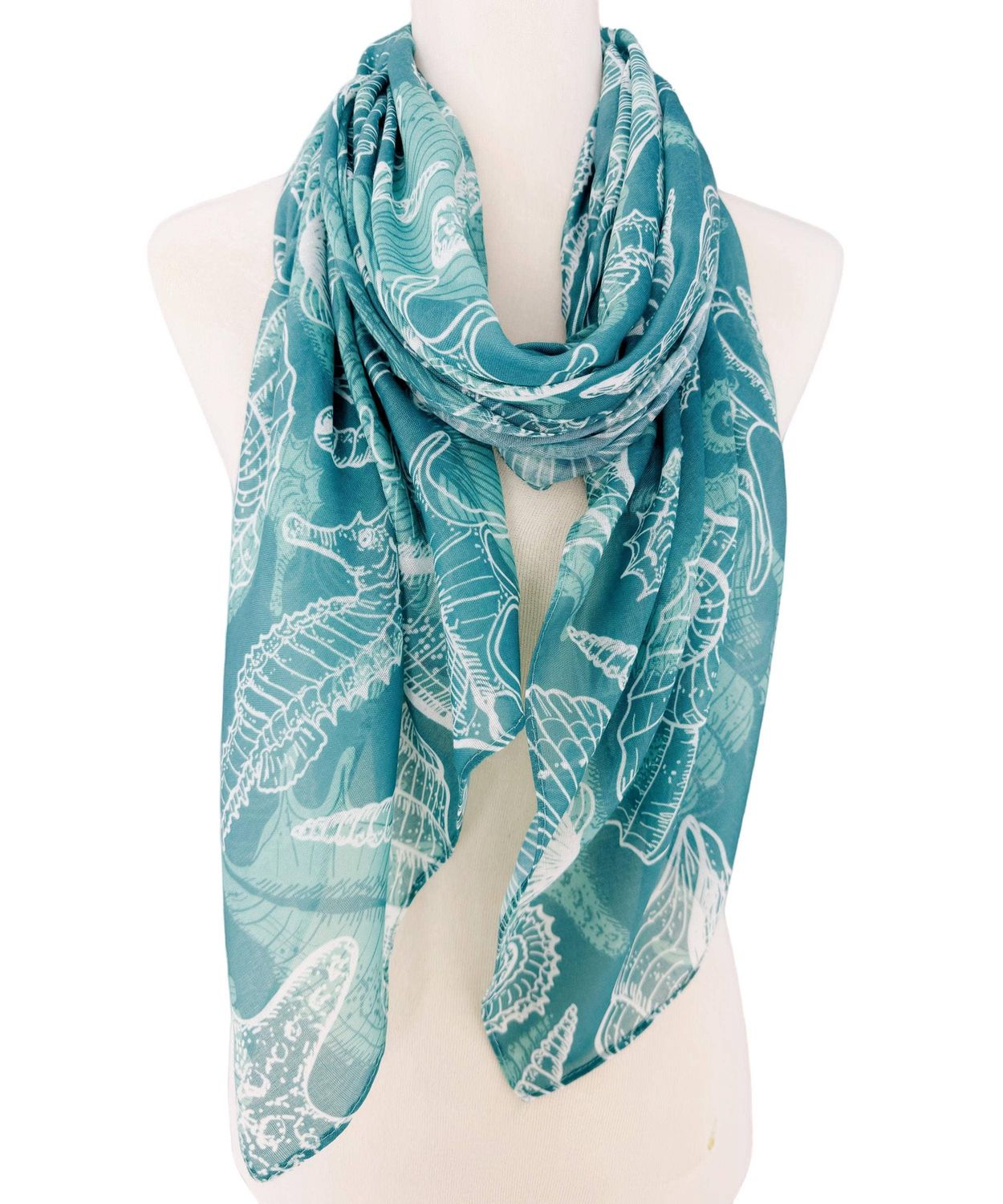 JC Green-White Seahorse &amp; Sea Star Scarf
