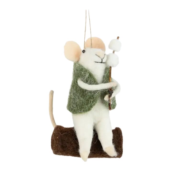 OPT OPT Felt Mouse Ornament In A Green Vest Roasting Marshmallows