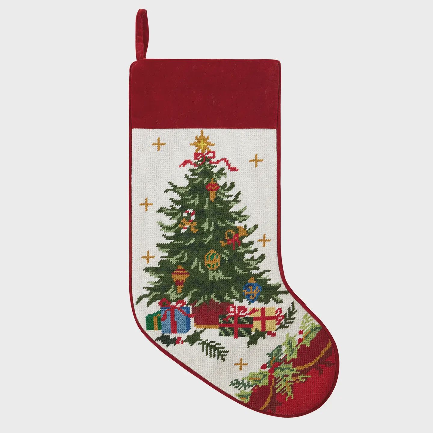 PH Tree with Presents Embroidered Needlepoint Stocking
