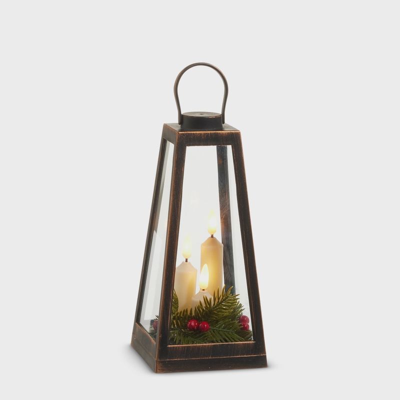 RAZ Distressed Lantern with Candles/Greenery