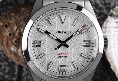 Borealis Adraga Stainless Steel Miyota 90S5 white dial with flag pattern commando hands no Date BGW9 lume