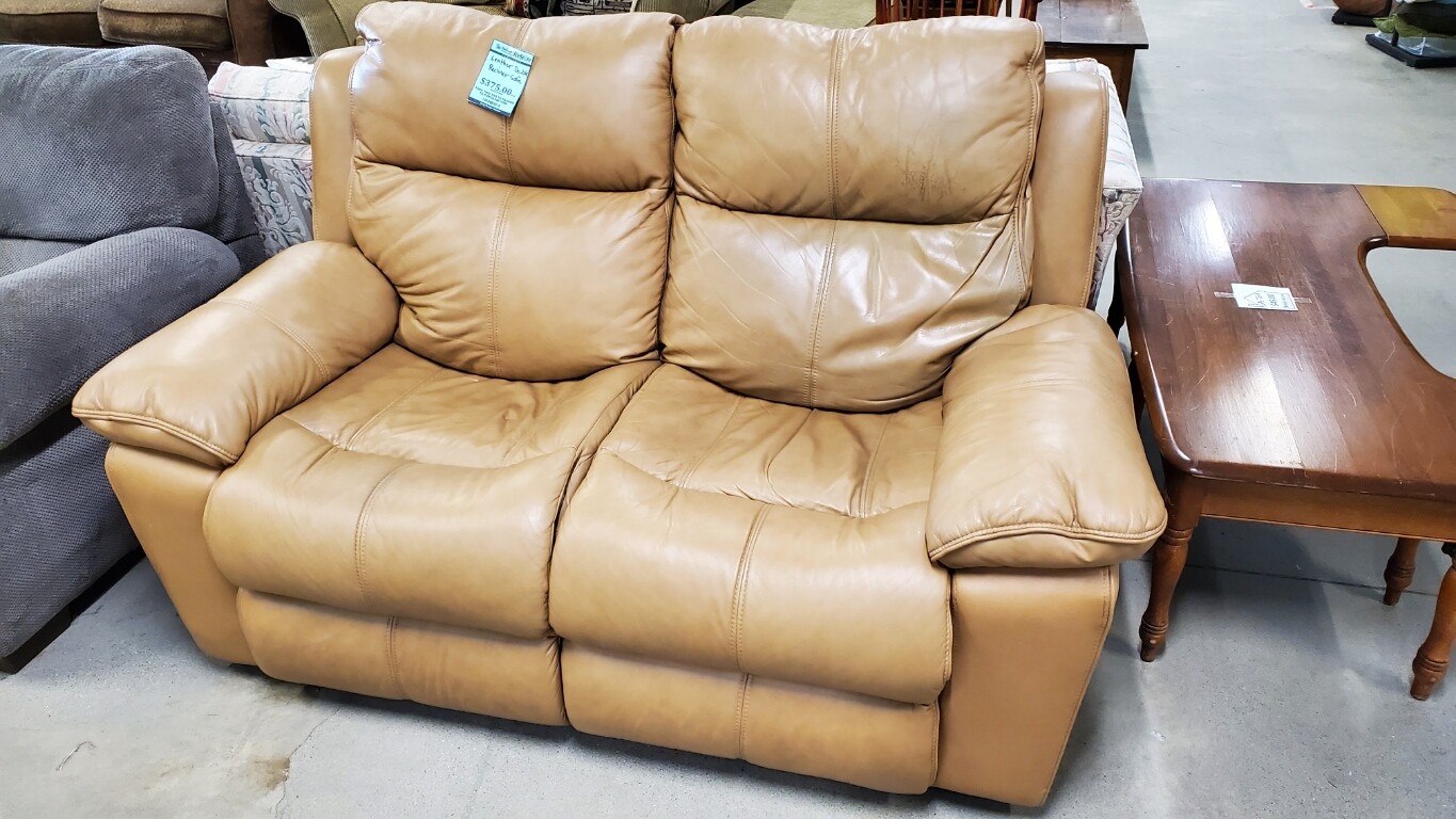 beigh leather air 2 seats double recliner sofa