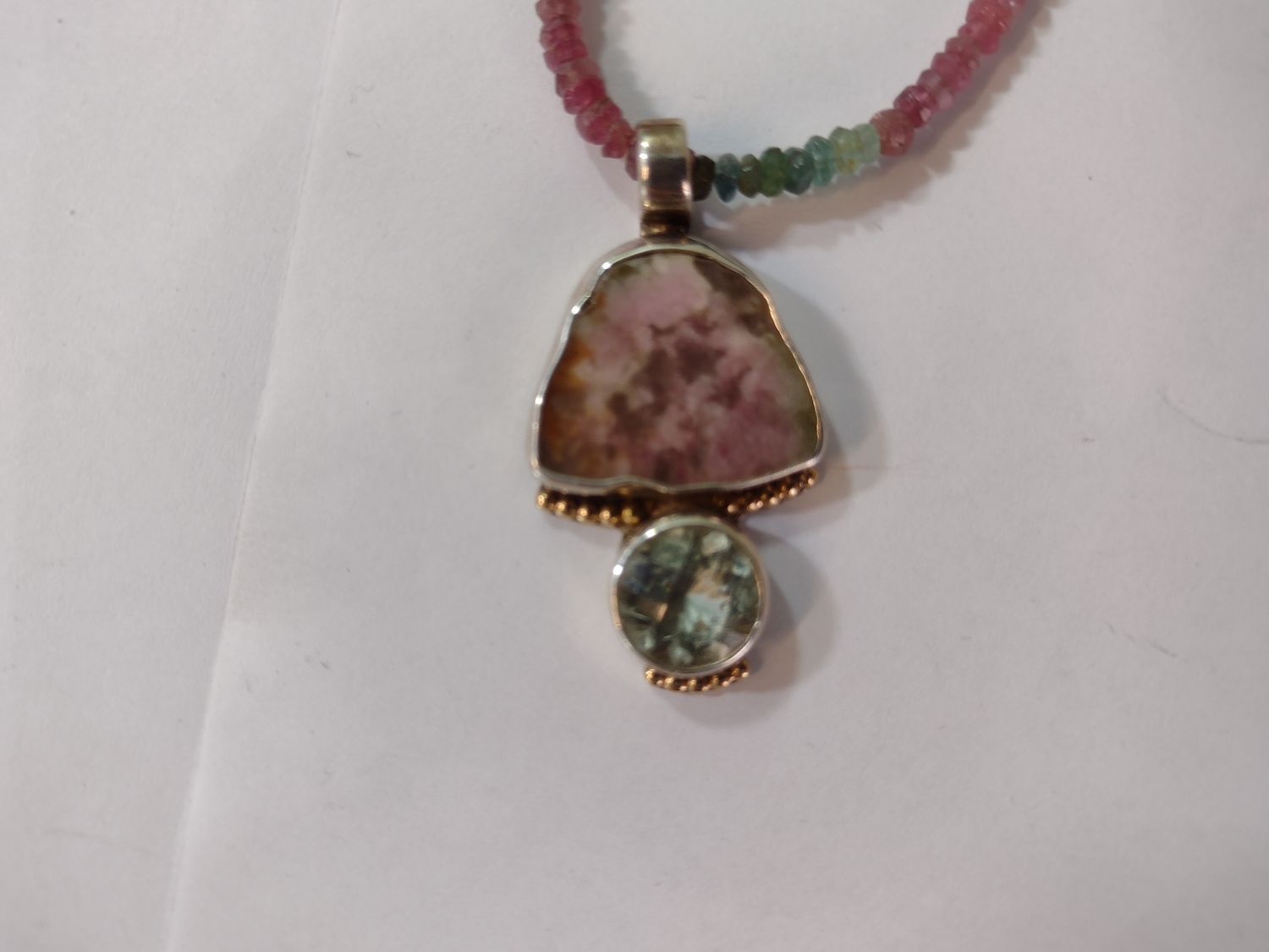 Pink/White Stone 935 Silver Necklace With 14k Gold Filigree