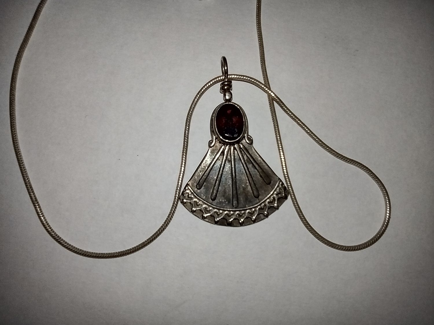 Sterling Silver Heart Fan Necklace With Deep Red Stone