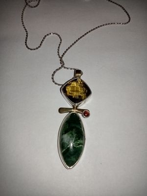 Sterling Silver Necklace with Green Amber and Red Color Stones