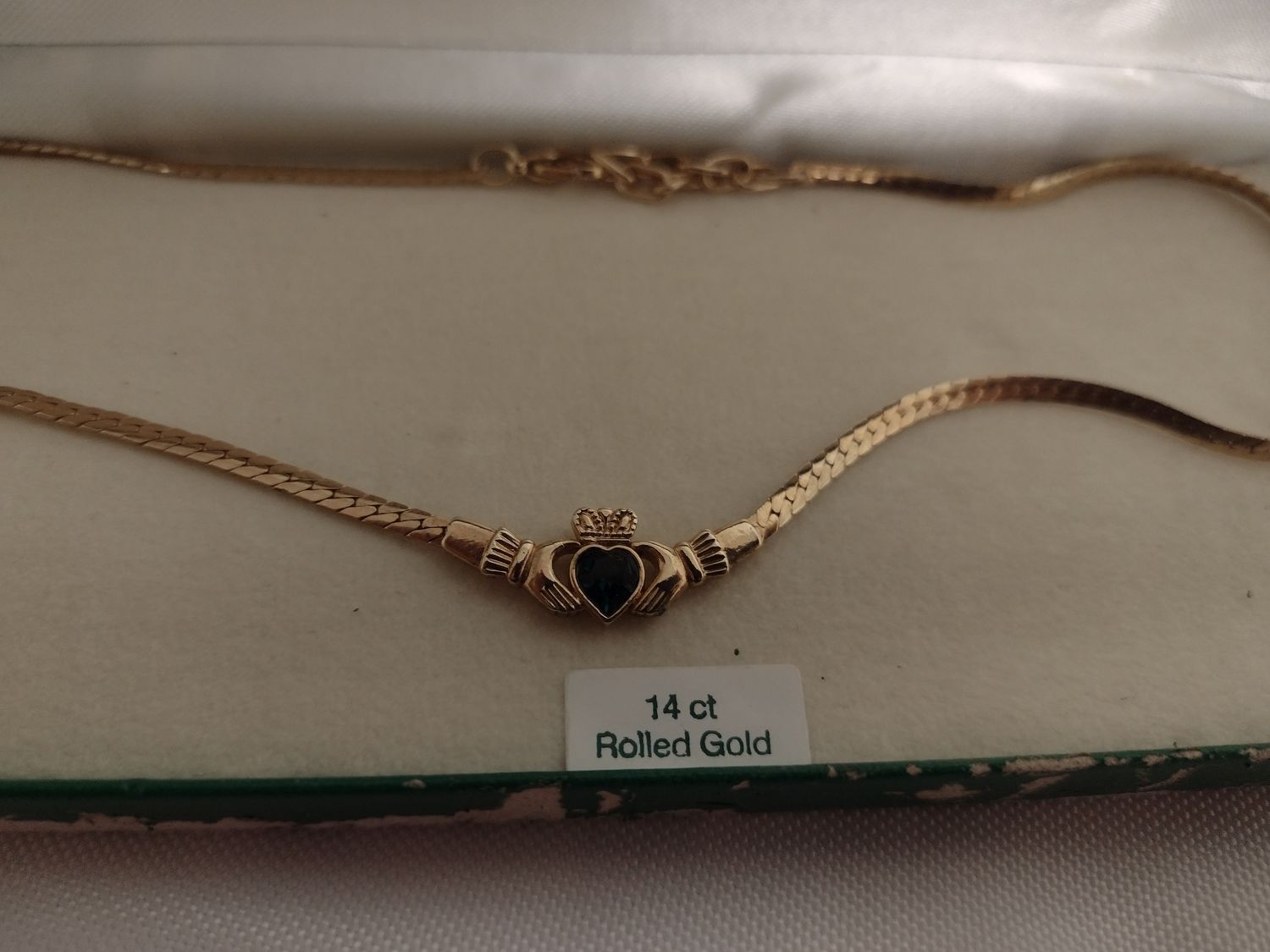 14k Rolled Gold Irish Necklace With Green Stone