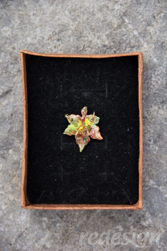 Small Yellow with Red spine multi-colored polymer clay maple leaf