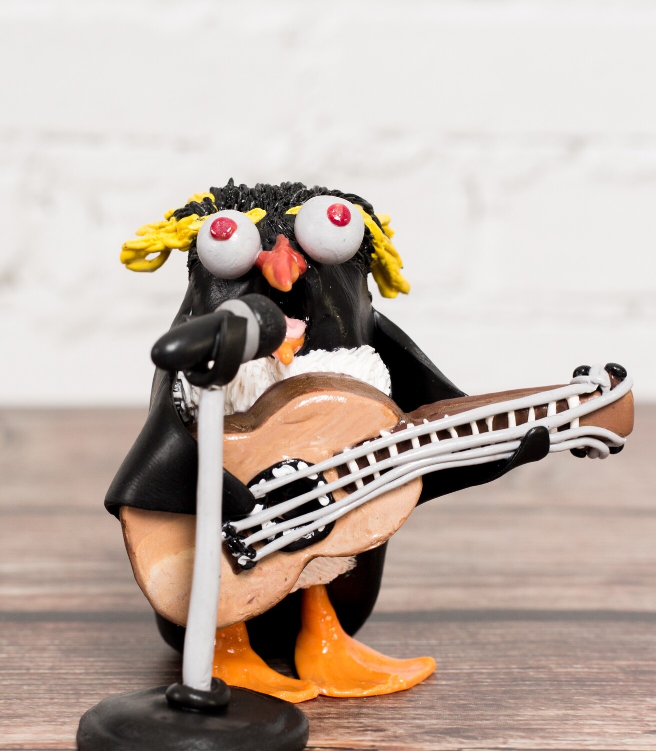 Folks Singer Penguin Sculpture with Microphone stand