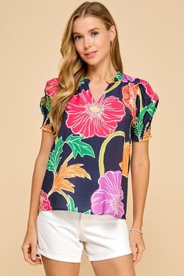 Petal + Grace Floral Top, Navy