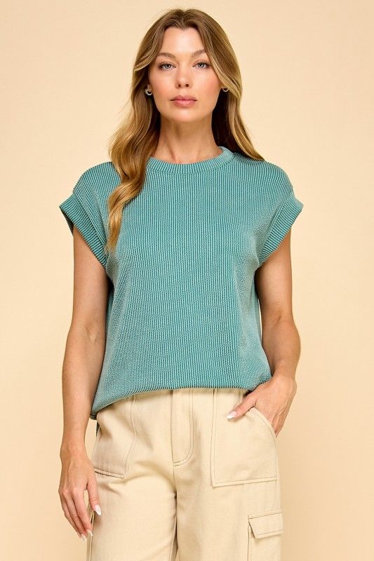 Cap Sleeve Ribbed Top, Seafoam