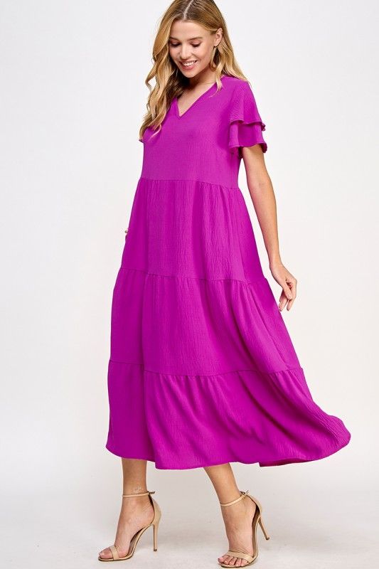 Solid Tiered Midi Dress, Magenta