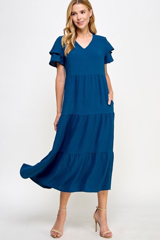 Solid Tiered Midi Dress, Teal