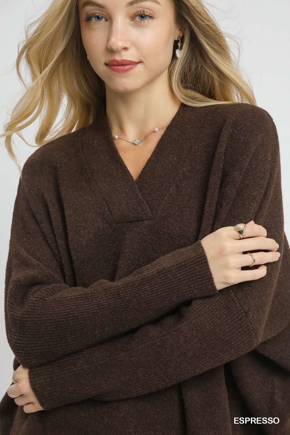 Knit V-Neck Sweater, Espresso