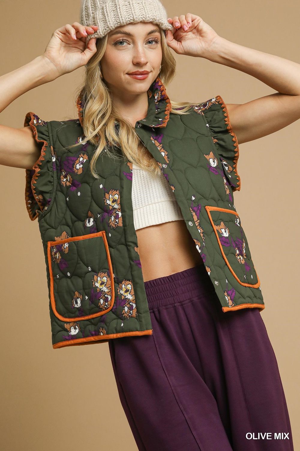 Quilted Floral Vest, Olive
