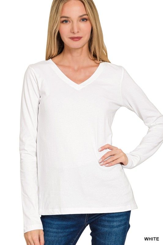 V-Neck LS Top, White
