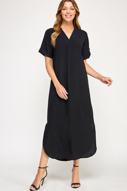 Placket Maxi Dress, Black