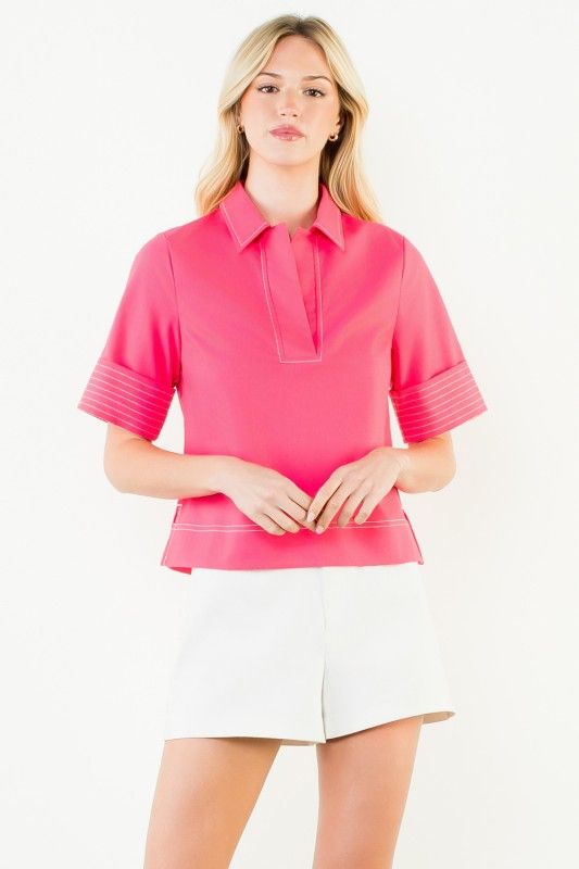 THML Collared V-Neck Top, Pink