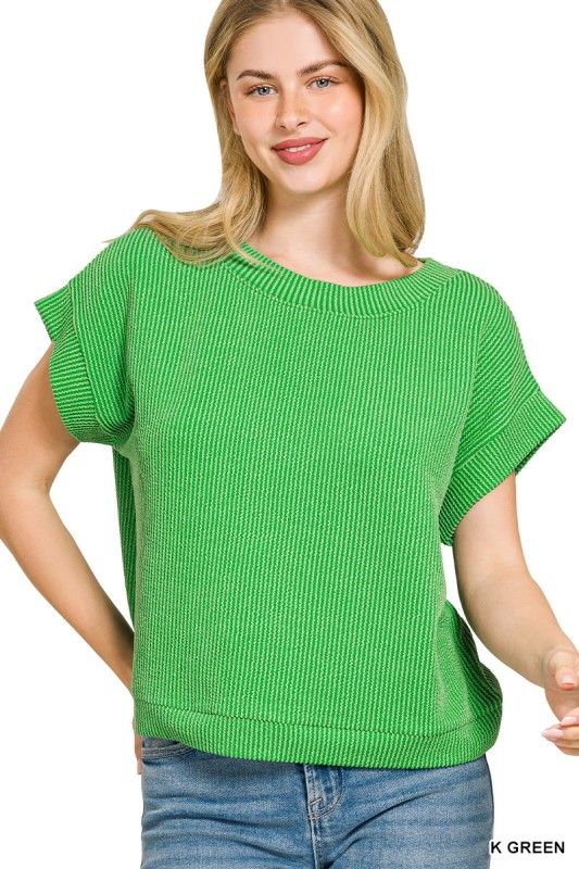 Ribbed Cap Sleeve Top, Green