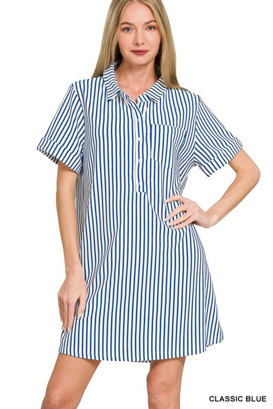 Striped Button Dress, Blue