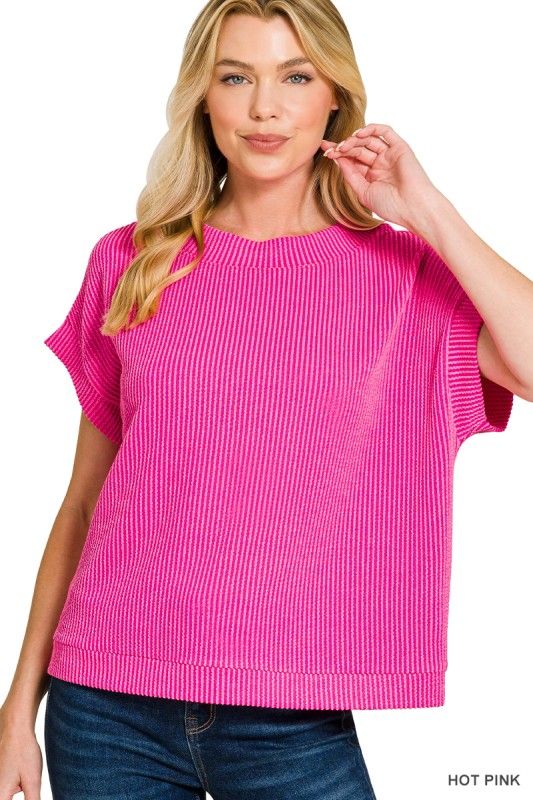 Ribbed Cap Sleeve Top, Hot Pink